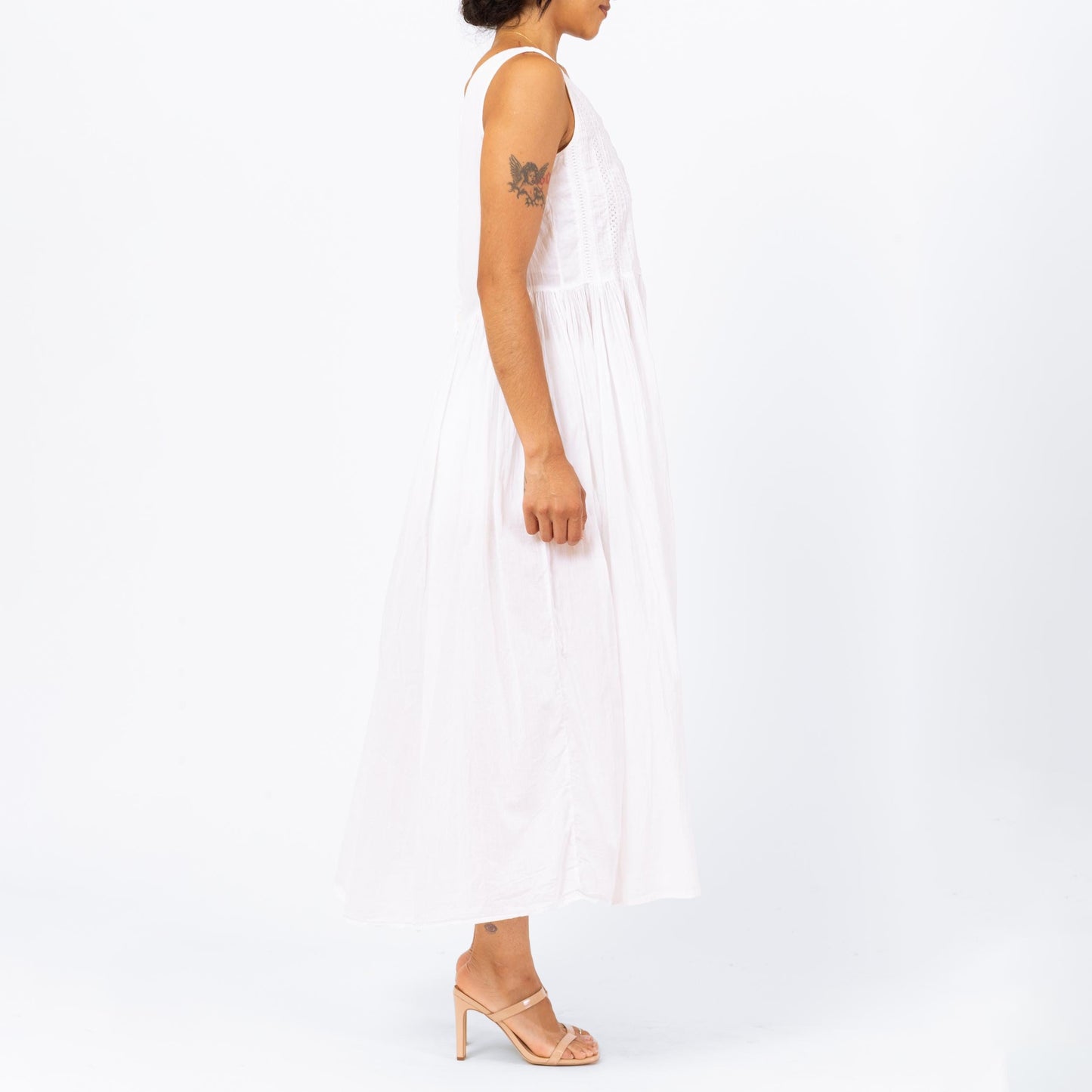 Vintage 90s White Gauzy Cotton Maxi Dress - Small | Boho Sheer Made In India Sleeveless Summer Sundress