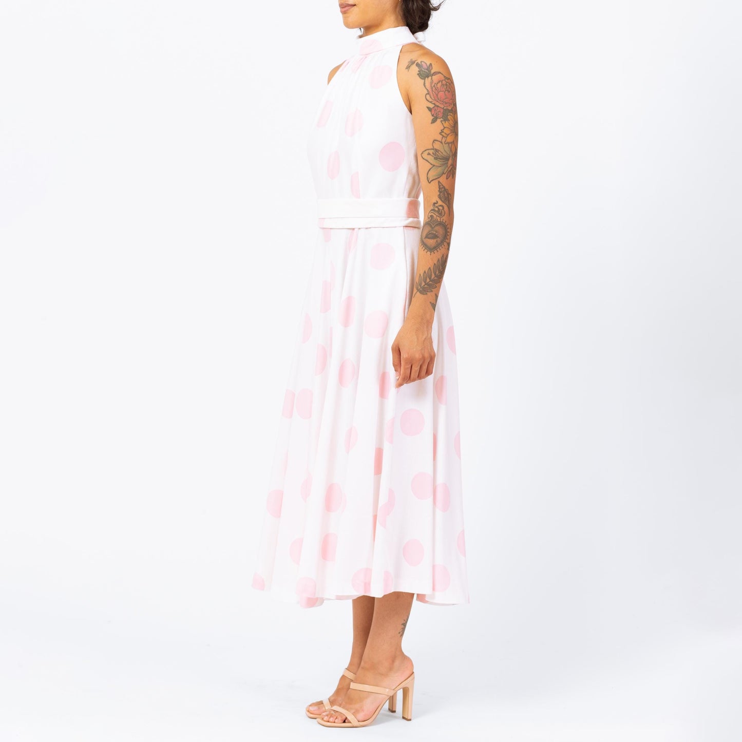 Vintage 70s Lanz White & Pink Polka Dot Maxi Dress - Small | Sleeveless Keyhole Back Belted Halter Pocket Dress
