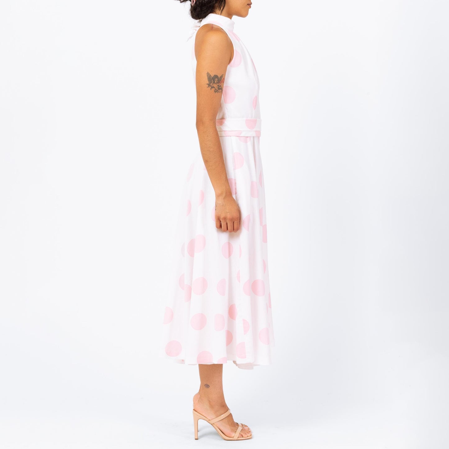 Vintage 70s Lanz White & Pink Polka Dot Maxi Dress - Small | Sleeveless Keyhole Back Belted Halter Pocket Dress
