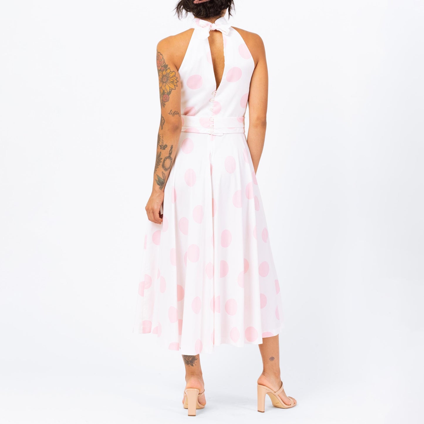 Vintage 70s Lanz White & Pink Polka Dot Maxi Dress - Small | Sleeveless Keyhole Back Belted Halter Pocket Dress