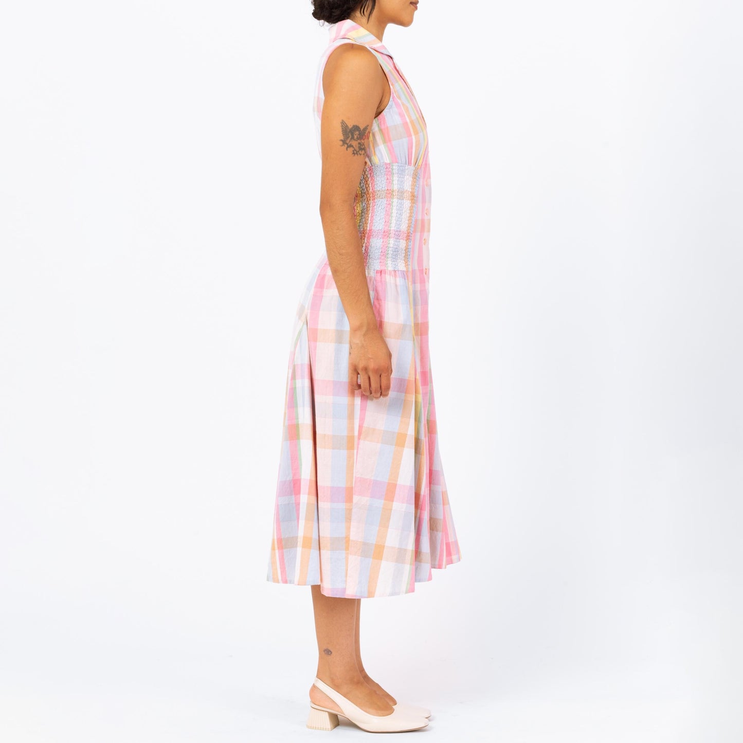 Vintage 1950s Pink Pastel Madras Plaid Shirtdress - Small | Retro 50s Collared Sleeveless Midi Day Dress