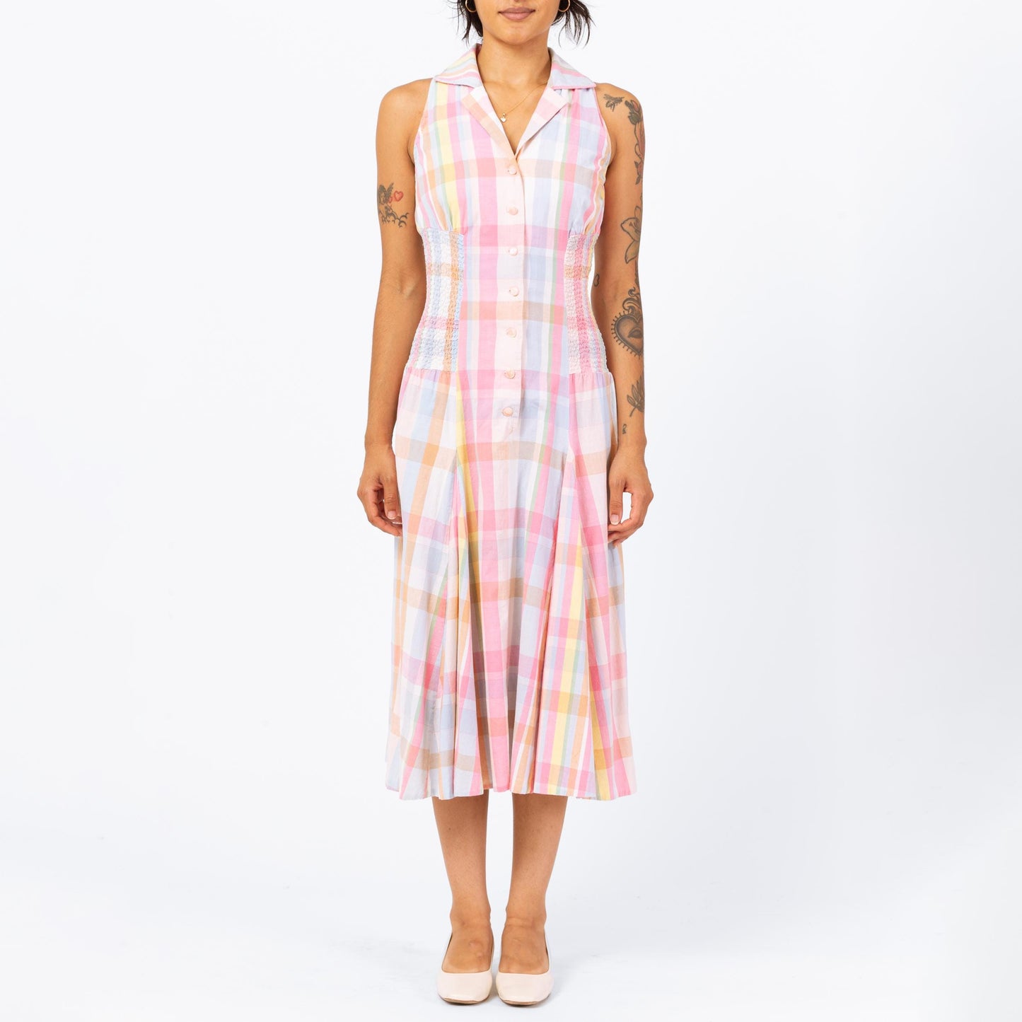 Vintage 1950s Pink Pastel Madras Plaid Shirtdress - Small | Retro 50s Collared Sleeveless Midi Day Dress