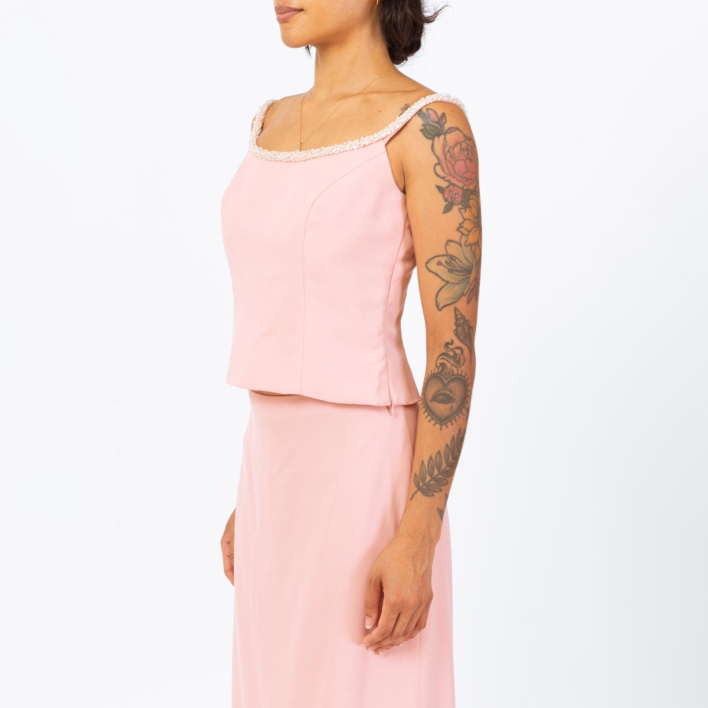 Vintage 90s Y2K Blush Pink Formal Maxi Skirt Set - Small | 2000s Sleeveless Beaded Blouse & Skirt Matching Two Piece Evening Gown Outfit