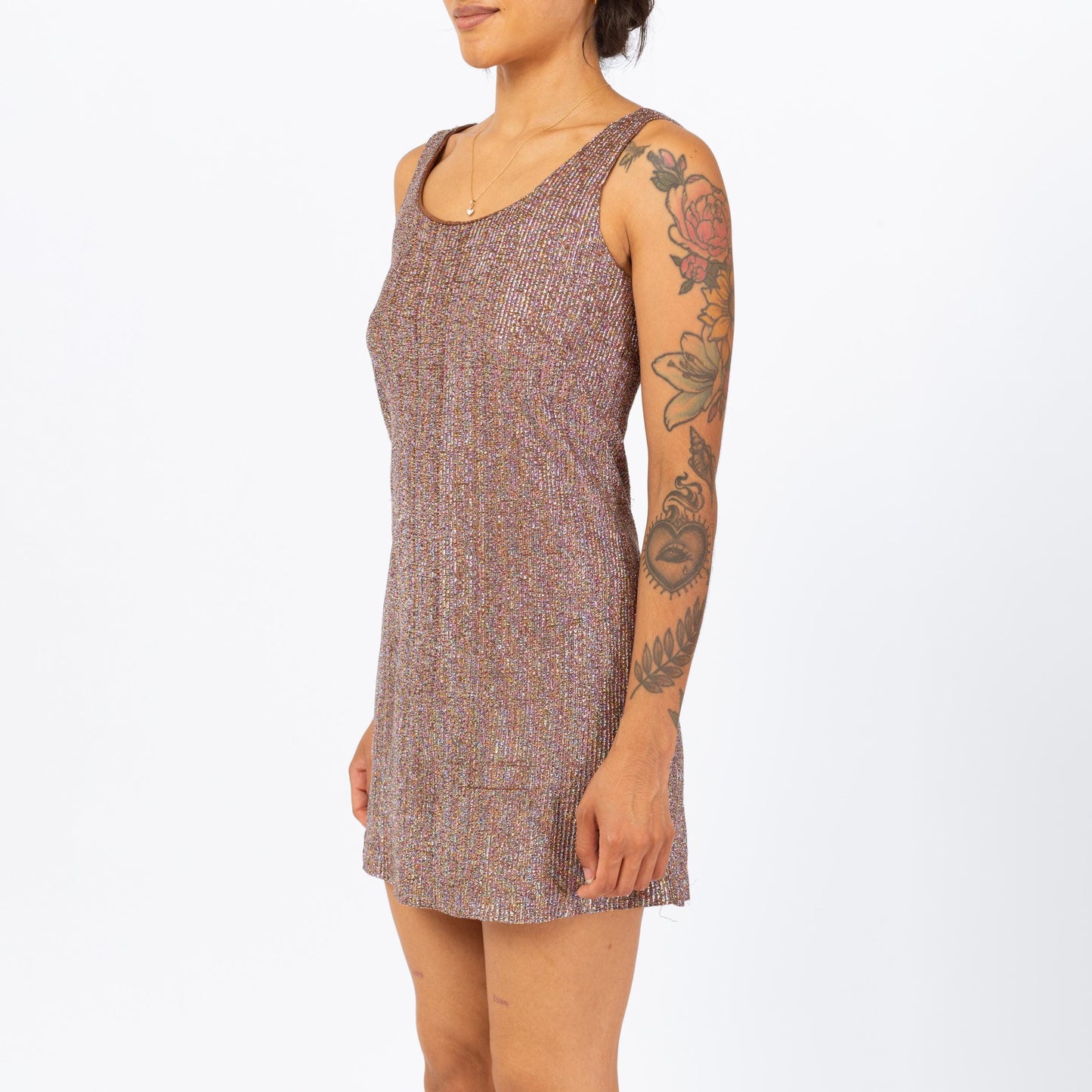 Vintage 70s Metallic Lurex Striped Disco Mini Dress - Petite Small | Orvieto Creations Studio 54 Copper Knit Sleeveless Party Dress