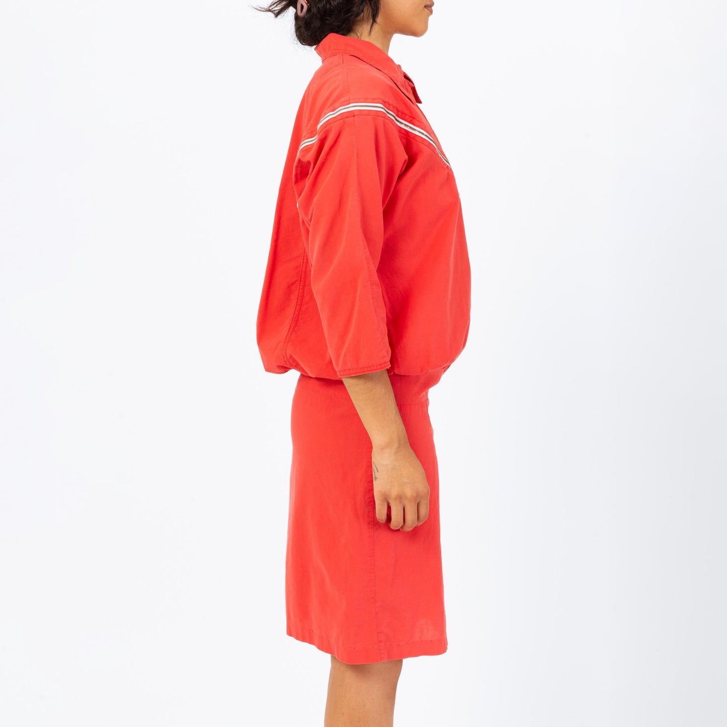 Vintage 80s Coral Red Drop Waist Zipper Dress - Small | 3/4 Sleeve Collared Knee Length Midi Shirtdress
