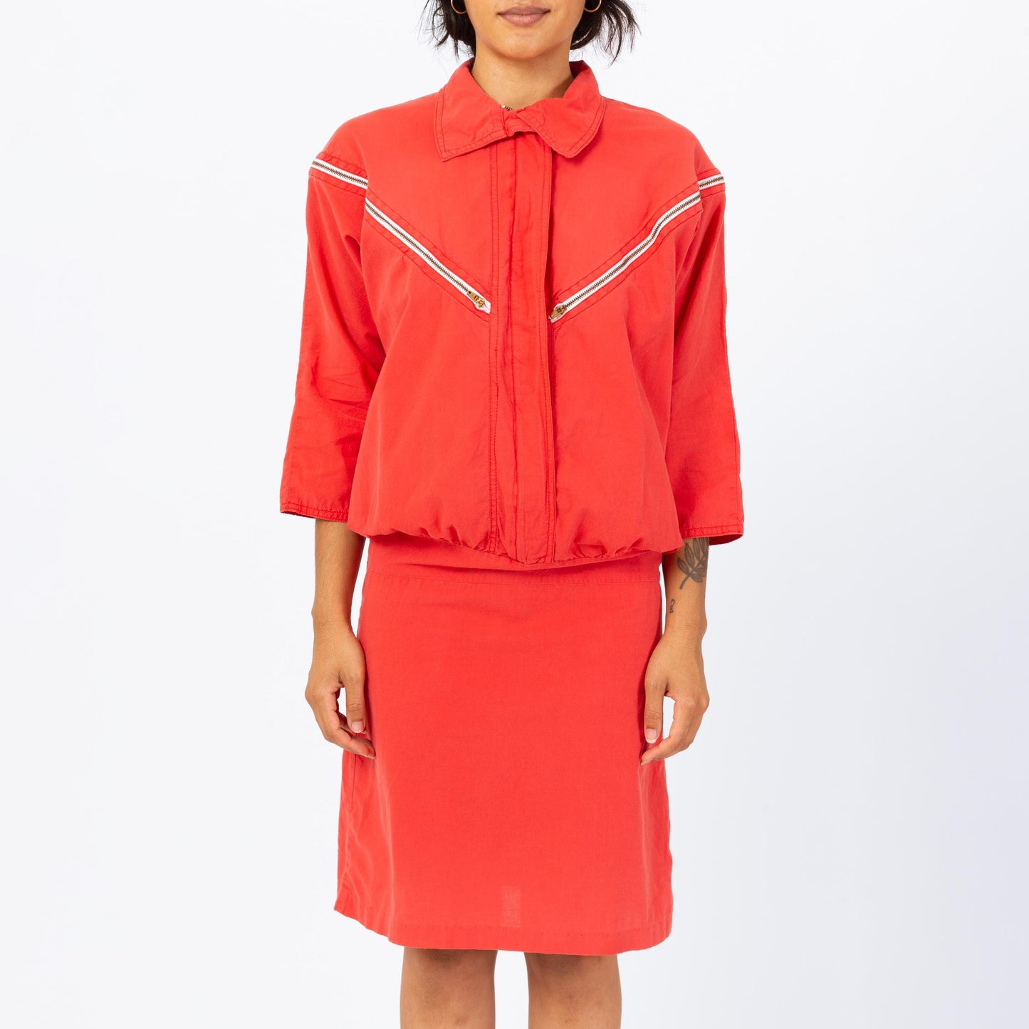 Vintage 80s Coral Red Drop Waist Zipper Dress - Small | 3/4 Sleeve Collared Knee Length Midi Shirtdress