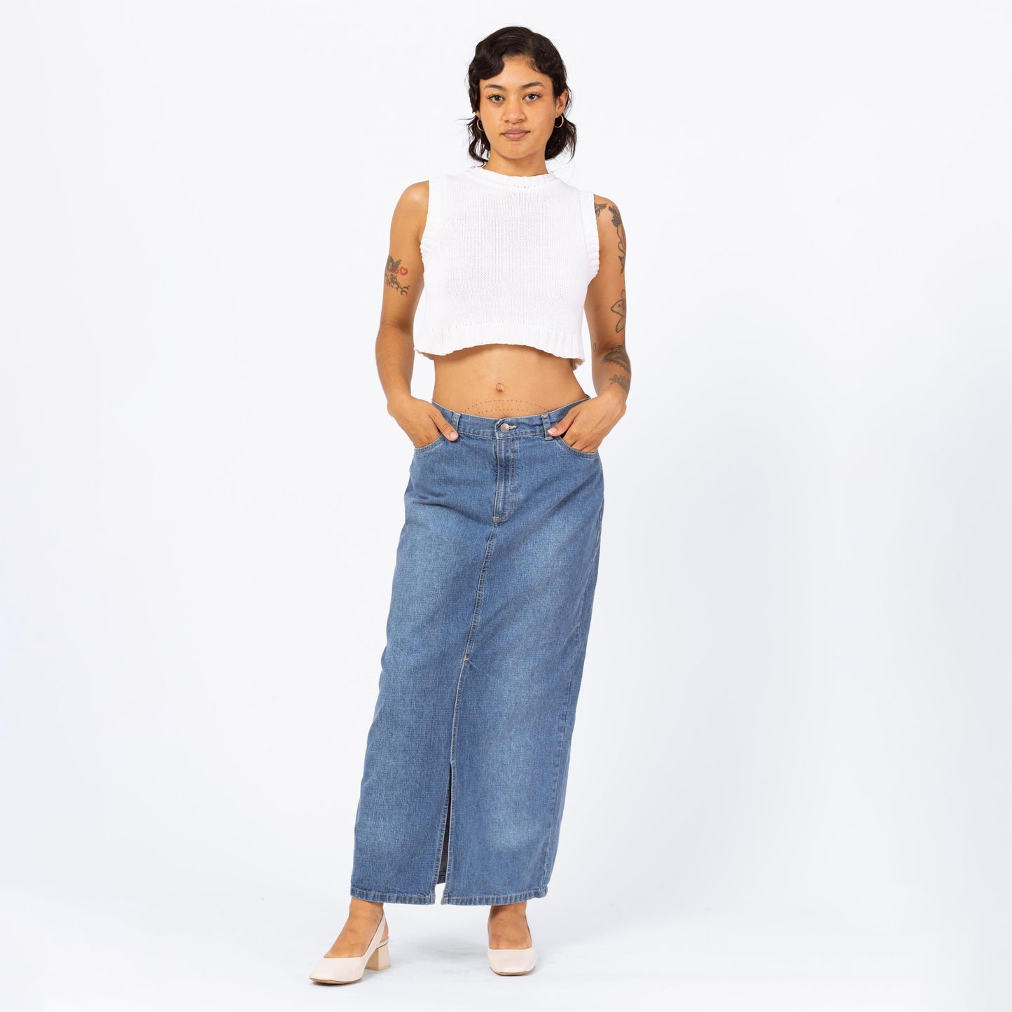 Vintage 90s Faded Denim Maxi Skirt - Medium, 28" Waist | Grunge High Waisted Medium Wash Jean Skirt