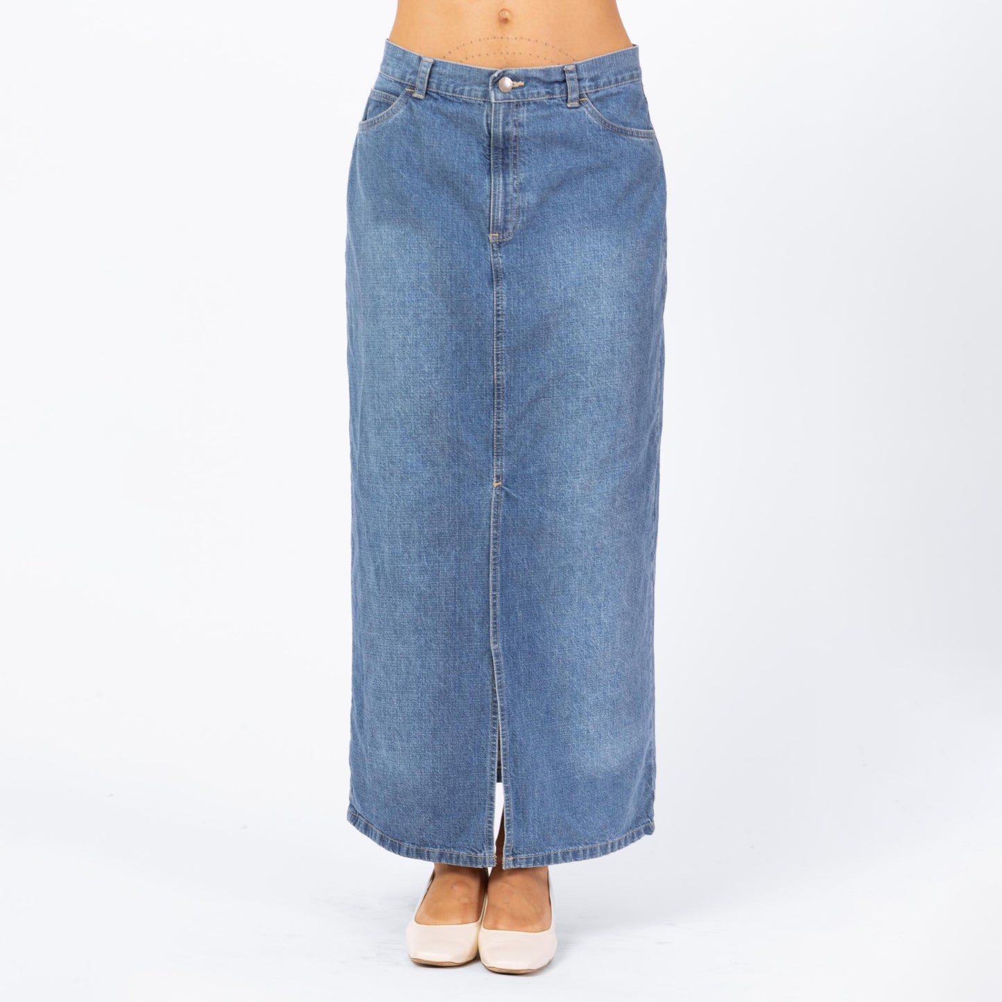 Vintage 90s Faded Denim Maxi Skirt - Medium, 28" Waist | Grunge High Waisted Medium Wash Jean Skirt