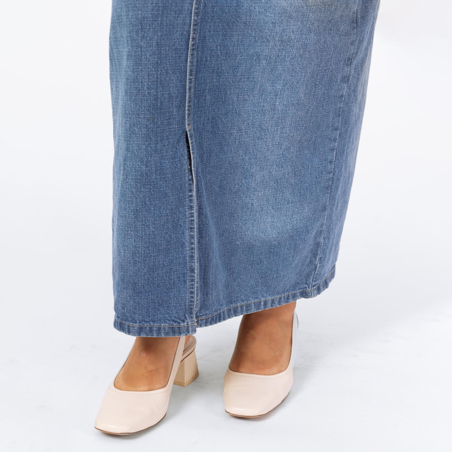 Vintage 90s Faded Denim Maxi Skirt - Medium, 28" Waist | Grunge High Waisted Medium Wash Jean Skirt