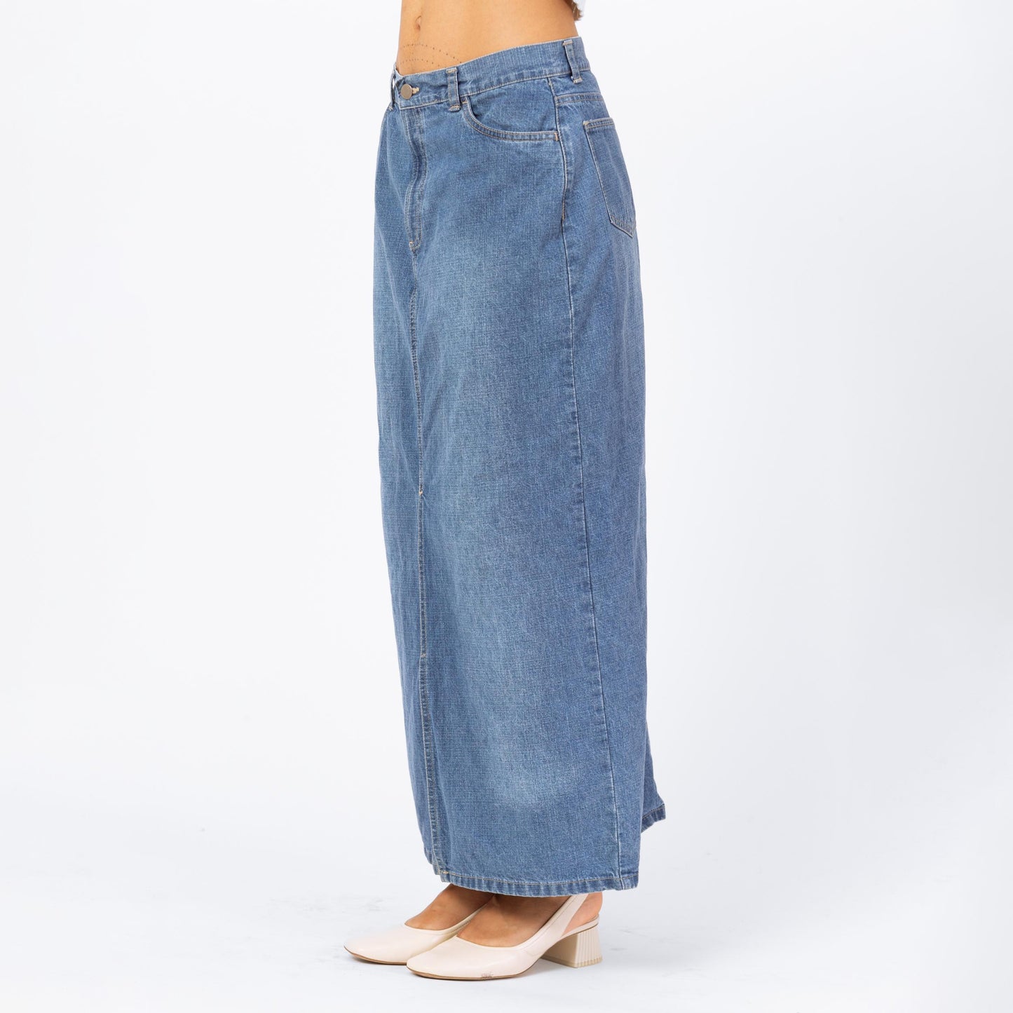 Vintage 90s Faded Denim Maxi Skirt - Medium, 28" Waist | Grunge High Waisted Medium Wash Jean Skirt