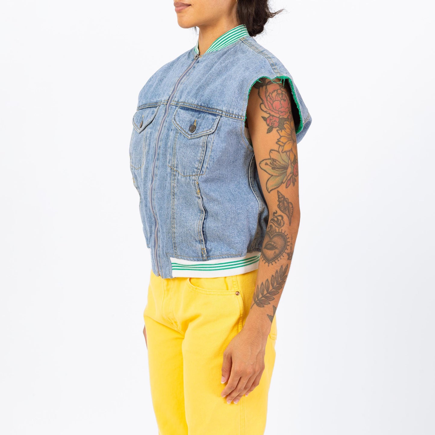 Vintage 90s Denim Striped Trim Vest - Small | Zip Up Blue Jean Sleeveless Jacket
