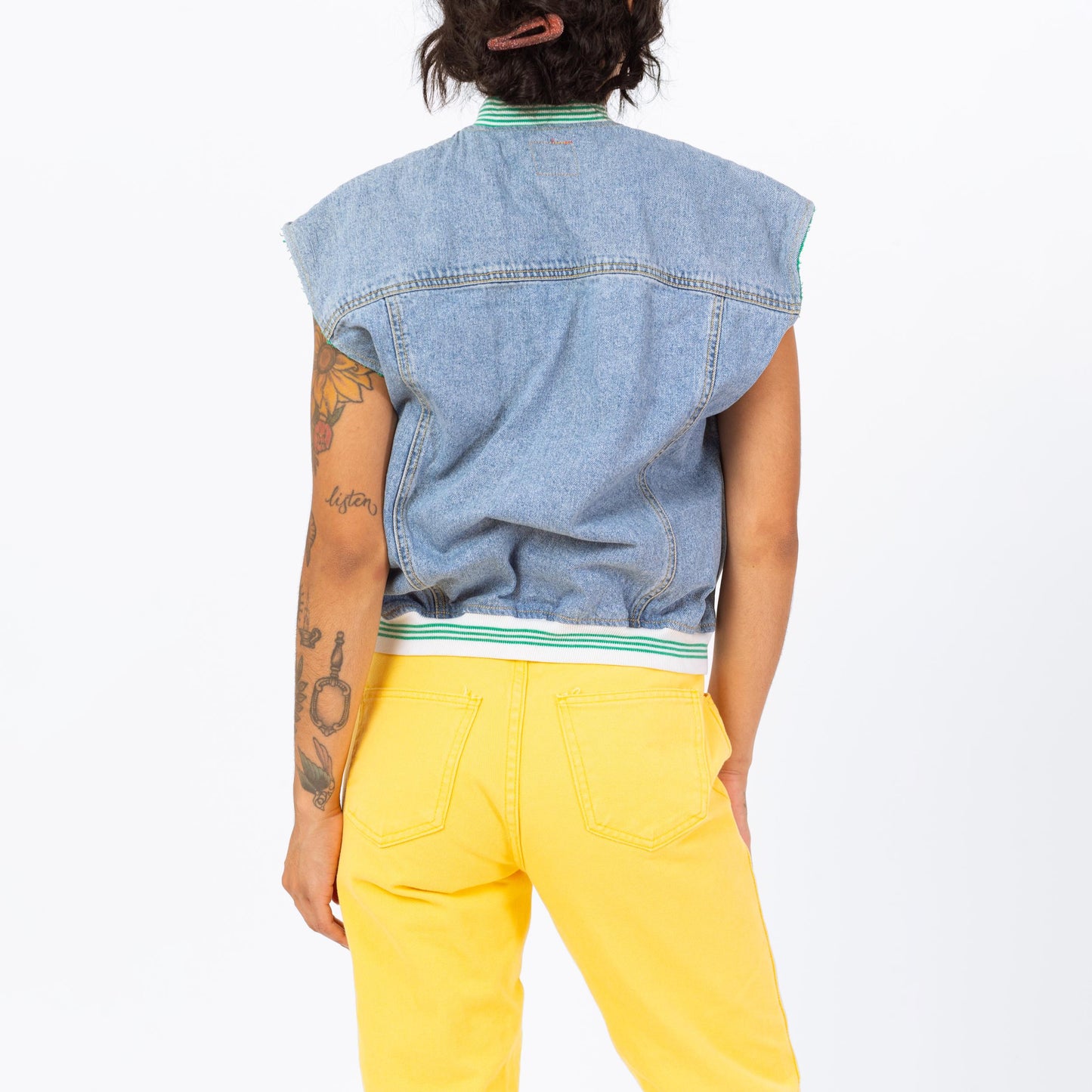 Vintage 90s Denim Striped Trim Vest - Small | Zip Up Blue Jean Sleeveless Jacket