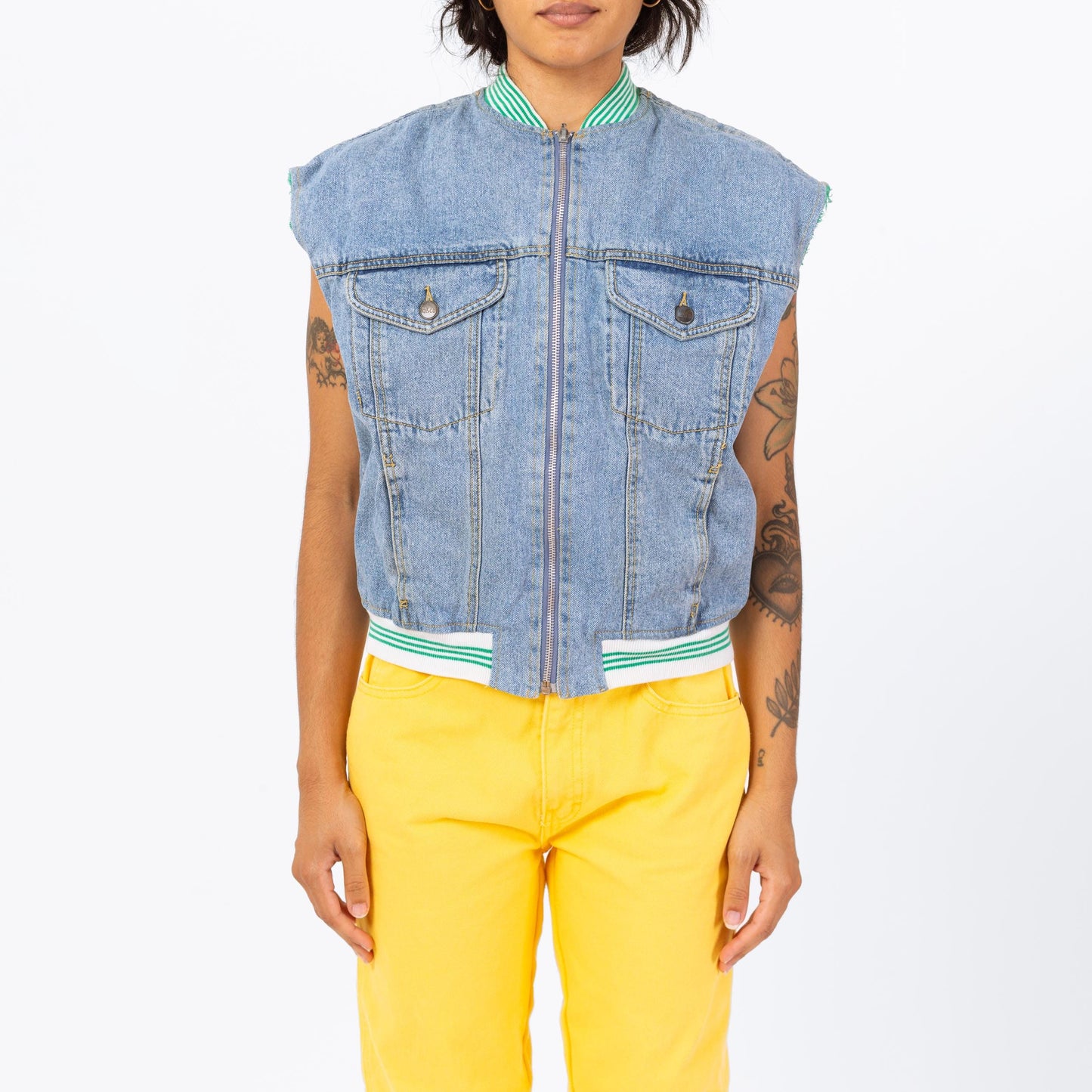 Vintage 90s Denim Striped Trim Vest - Small | Zip Up Blue Jean Sleeveless Jacket