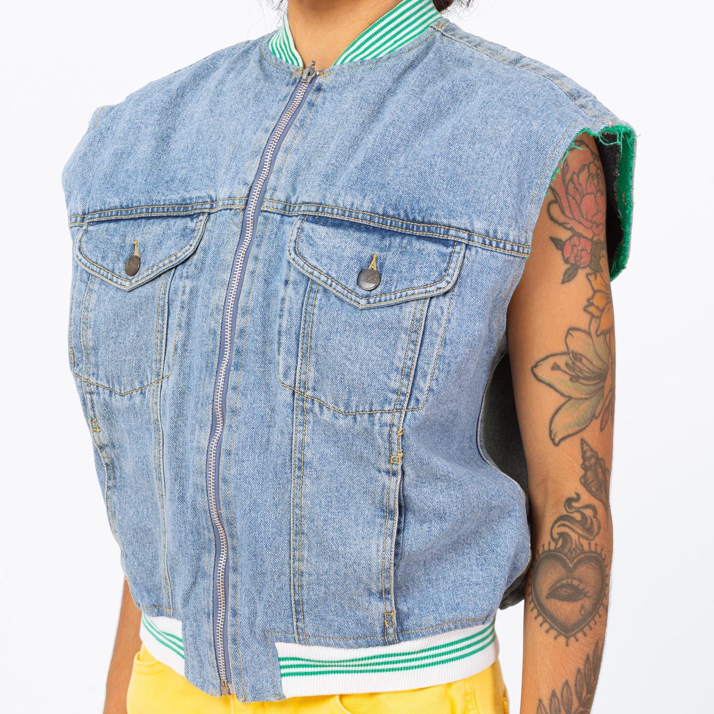 Vintage 90s Denim Striped Trim Vest - Small | Zip Up Blue Jean Sleeveless Jacket