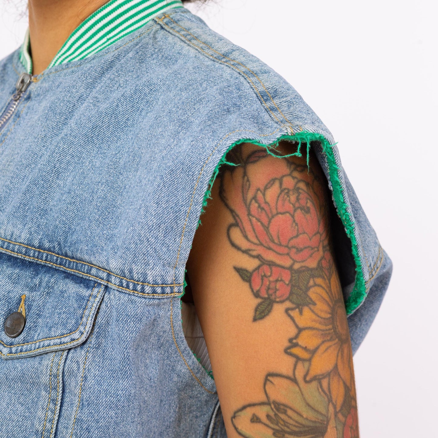 Vintage 90s Denim Striped Trim Vest - Small | Zip Up Blue Jean Sleeveless Jacket