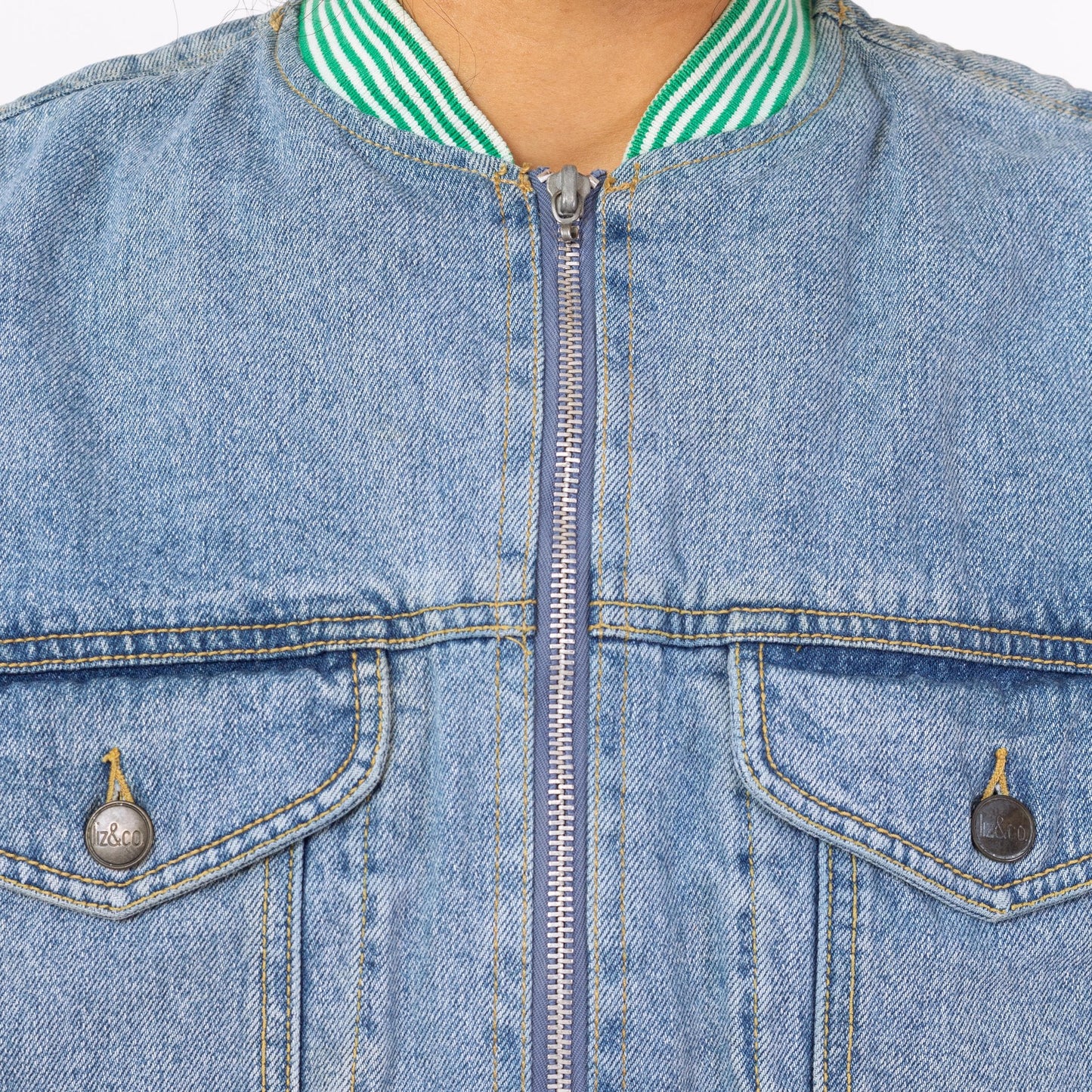Vintage 90s Denim Striped Trim Vest - Small | Zip Up Blue Jean Sleeveless Jacket