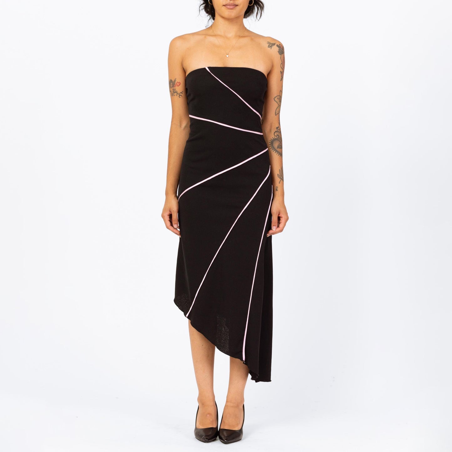 Vintage 90s Black Strapless Party Dress - Small | Asymmetrical Hem Pink Striped Cocktail Midi Dress
