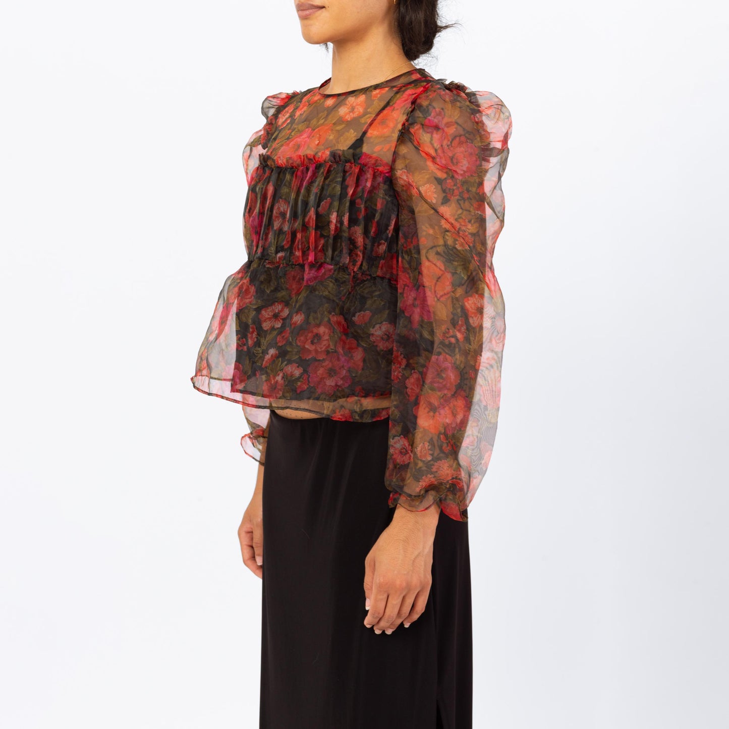 Vintage Y2K Sheer Red Floral Organza Puff Sleeve Blouse - Small | Romantic Gothic Long Sleeve Cropped Top