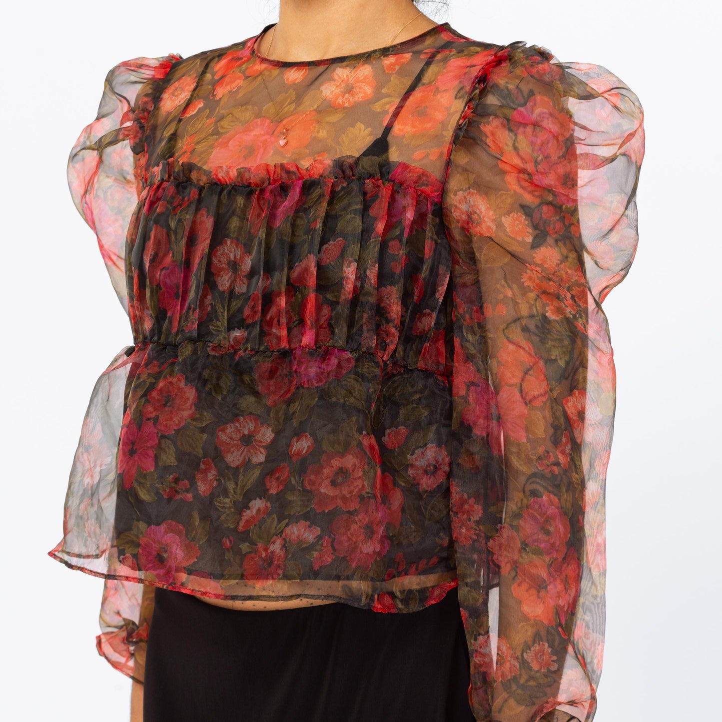 Vintage Y2K Sheer Red Floral Organza Puff Sleeve Blouse - Small | Romantic Gothic Long Sleeve Cropped Top