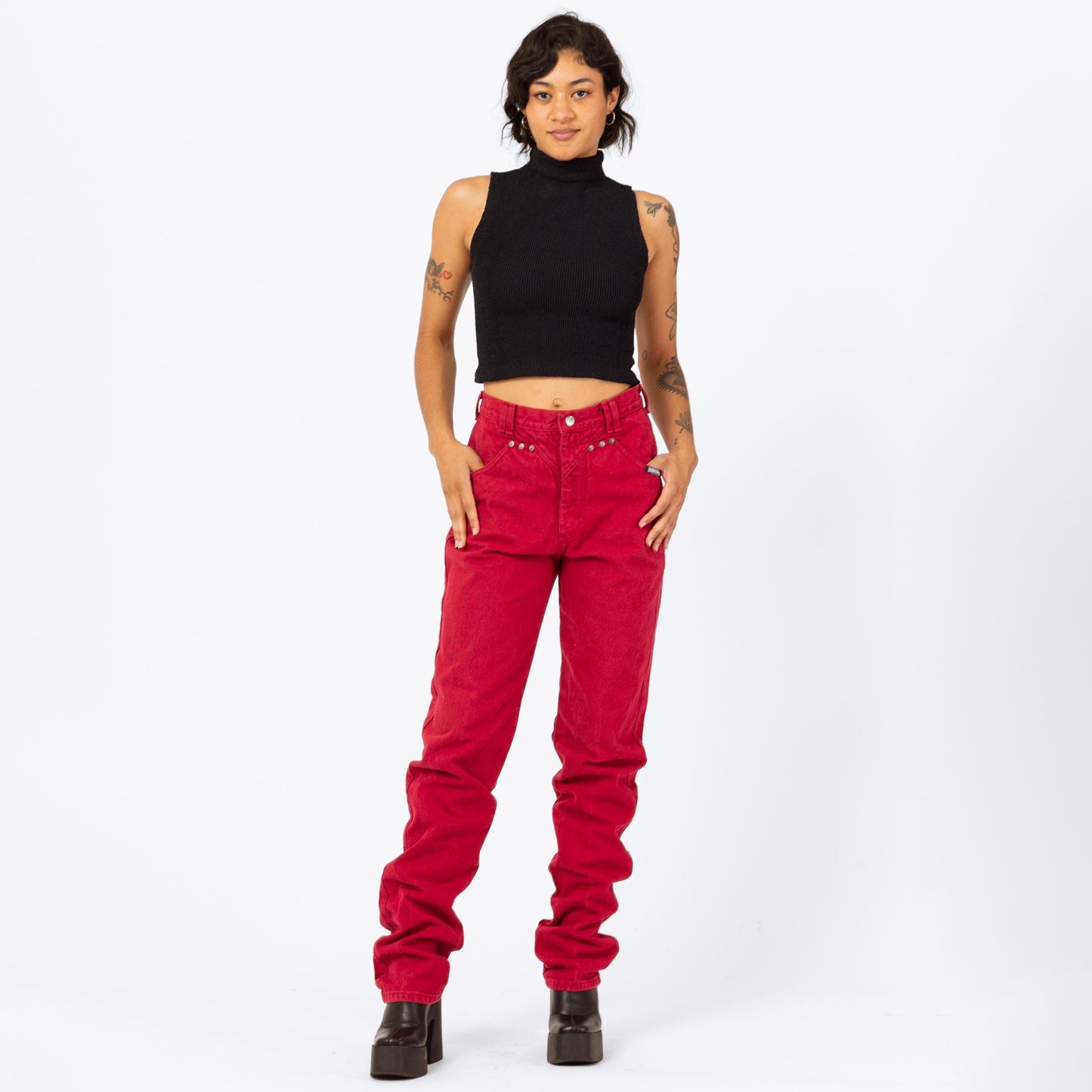 Vintage 90s Roughrider Red Western High Waisted Jeans - Medium Tall, 28" Waist | Circle T Long Inseam Denim Mom Jeans