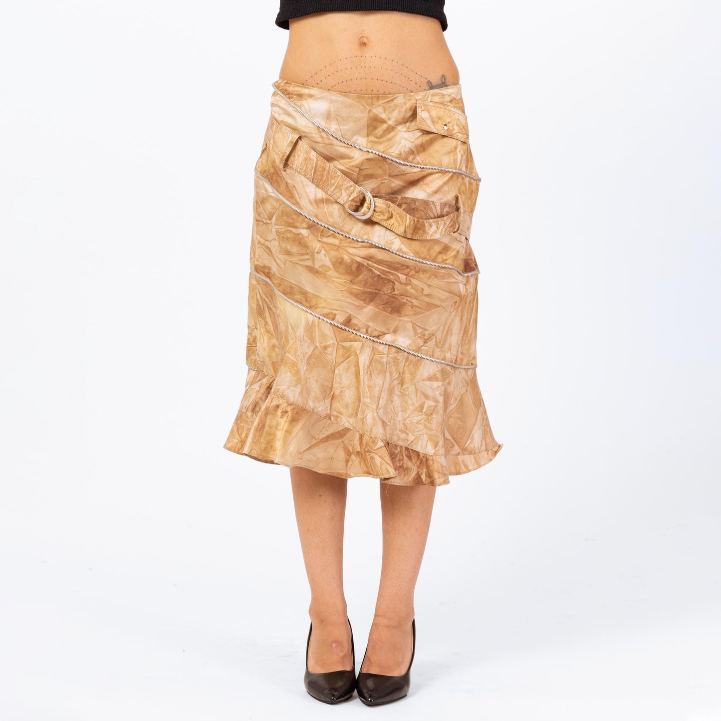 Vintage 90s Alberto Makali Zipper Midi Skirt - Medium | Designer Low Rise Crinkle Print Trumpet Hem Skirt