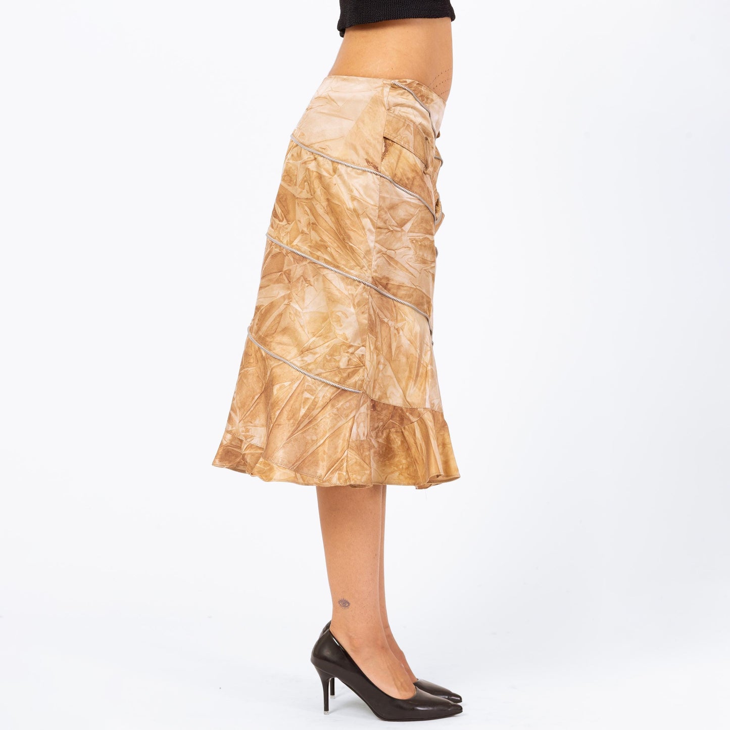 Vintage 90s Alberto Makali Zipper Midi Skirt - Medium | Designer Low Rise Crinkle Print Trumpet Hem Skirt
