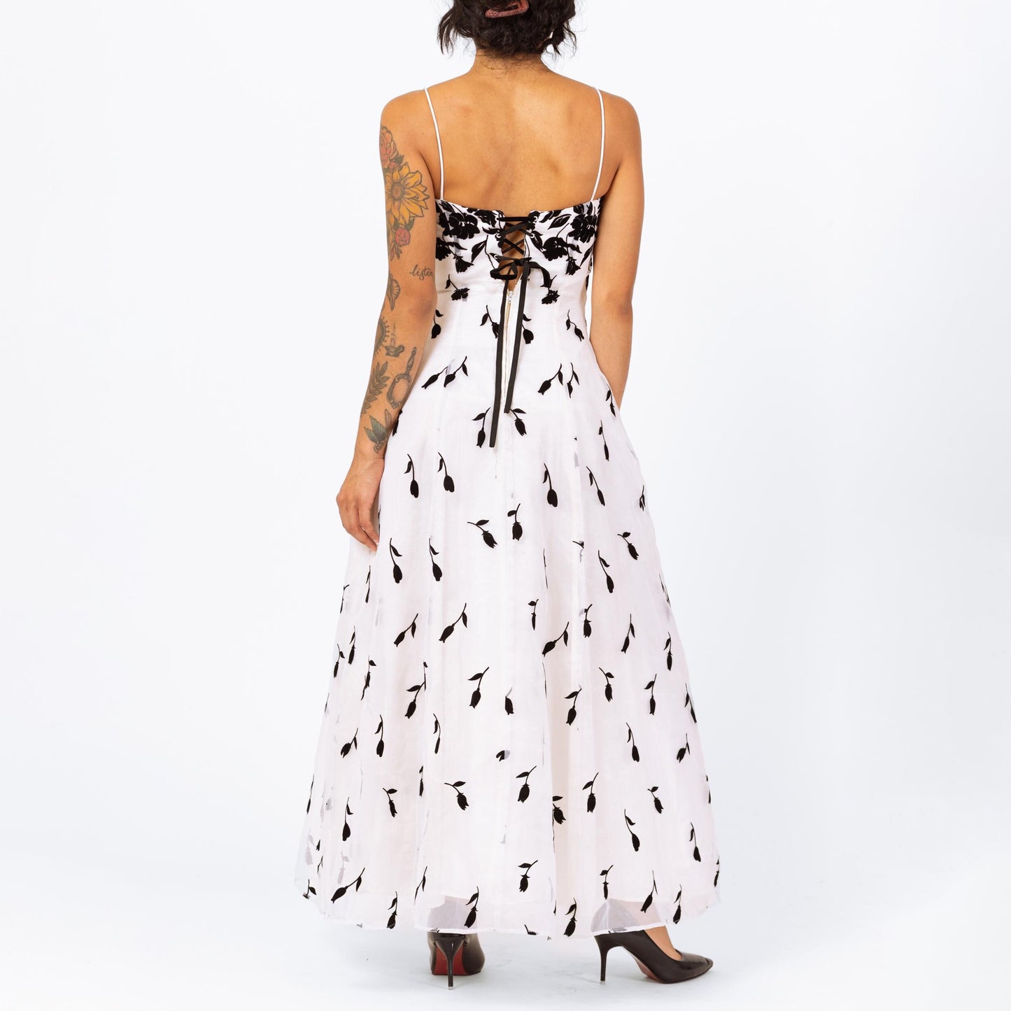 Vintage 90s Black & White Falling Floral Evening Gown - Extra Small | Gothic Sleeveless Formal Maxi Prom Dress, Ball Gown Wedding Dress