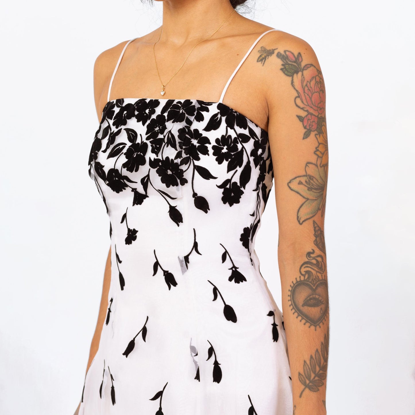 Vintage 90s Black & White Falling Floral Evening Gown - Extra Small | Gothic Sleeveless Formal Maxi Prom Dress, Ball Gown Wedding Dress