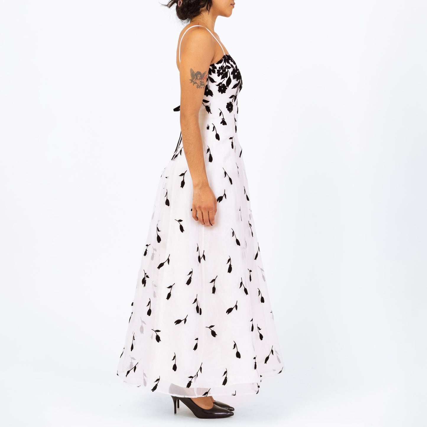Vintage 90s Black & White Falling Floral Evening Gown - Extra Small | Gothic Sleeveless Formal Maxi Prom Dress, Ball Gown Wedding Dress