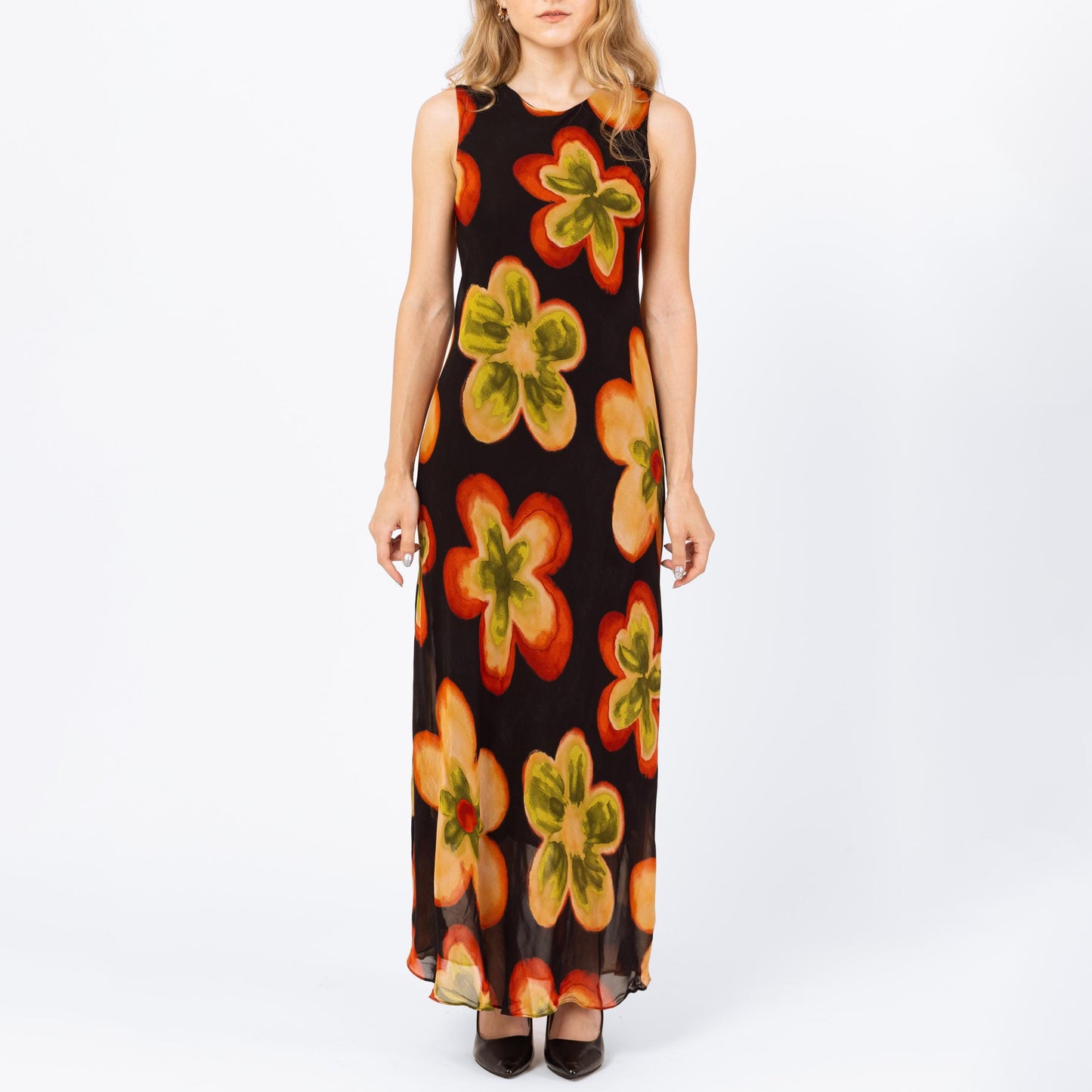 Vintage 90s Black Floral Bias Cut Maxi Dress - Small | Boho Summer Wedding Guest Dress, Sleeveless Formal Garden Party Gown