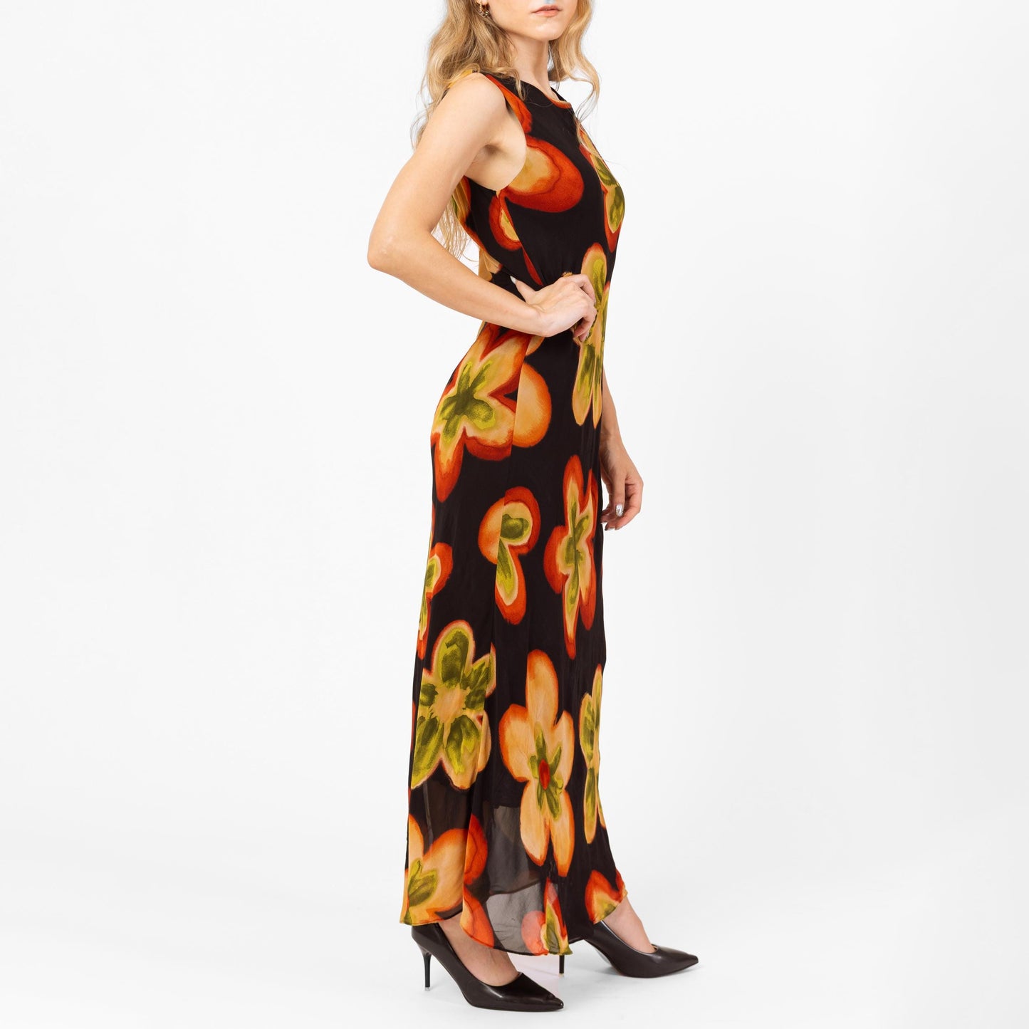 Vintage 90s Black Floral Bias Cut Maxi Dress - Small | Boho Summer Wedding Guest Dress, Sleeveless Formal Garden Party Gown