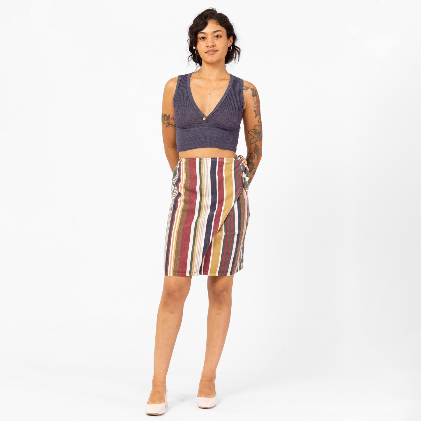 Vintage 90s Denim Earth Tone Striped Mini Wrap Skirt - Small, 25"-27" Waist | Green Red A Line Pencil Miniskirt