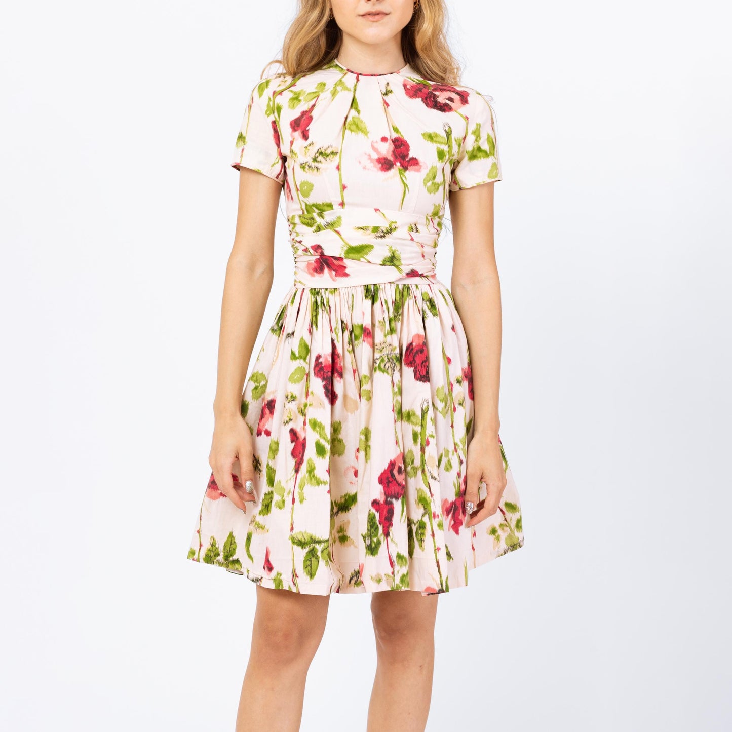 Vintage 1950s Watercolor Floral Fit & Flare Dress - XXS | 50s Mindy Ross Rose Print Garden Party Mini Dress