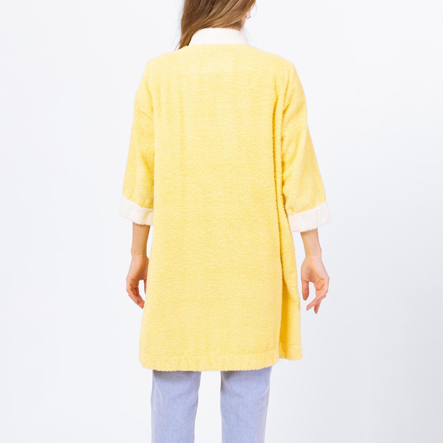 Vintage 70s Lemon Yellow Terrycloth House Coat - Small | Retro Loungewear Robe, Kitsch Novelty Embroidered Jacket