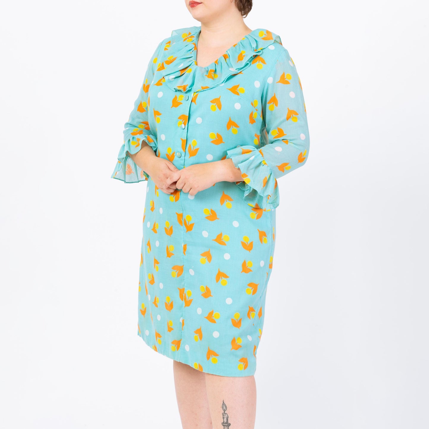 Vintage 60s Aqua Blue Floral Polka Dot Print House Dress - Extra Large | 1960s Retro 3/4 Sleeve Ruffle Collar A Line Midi Shift Dress
