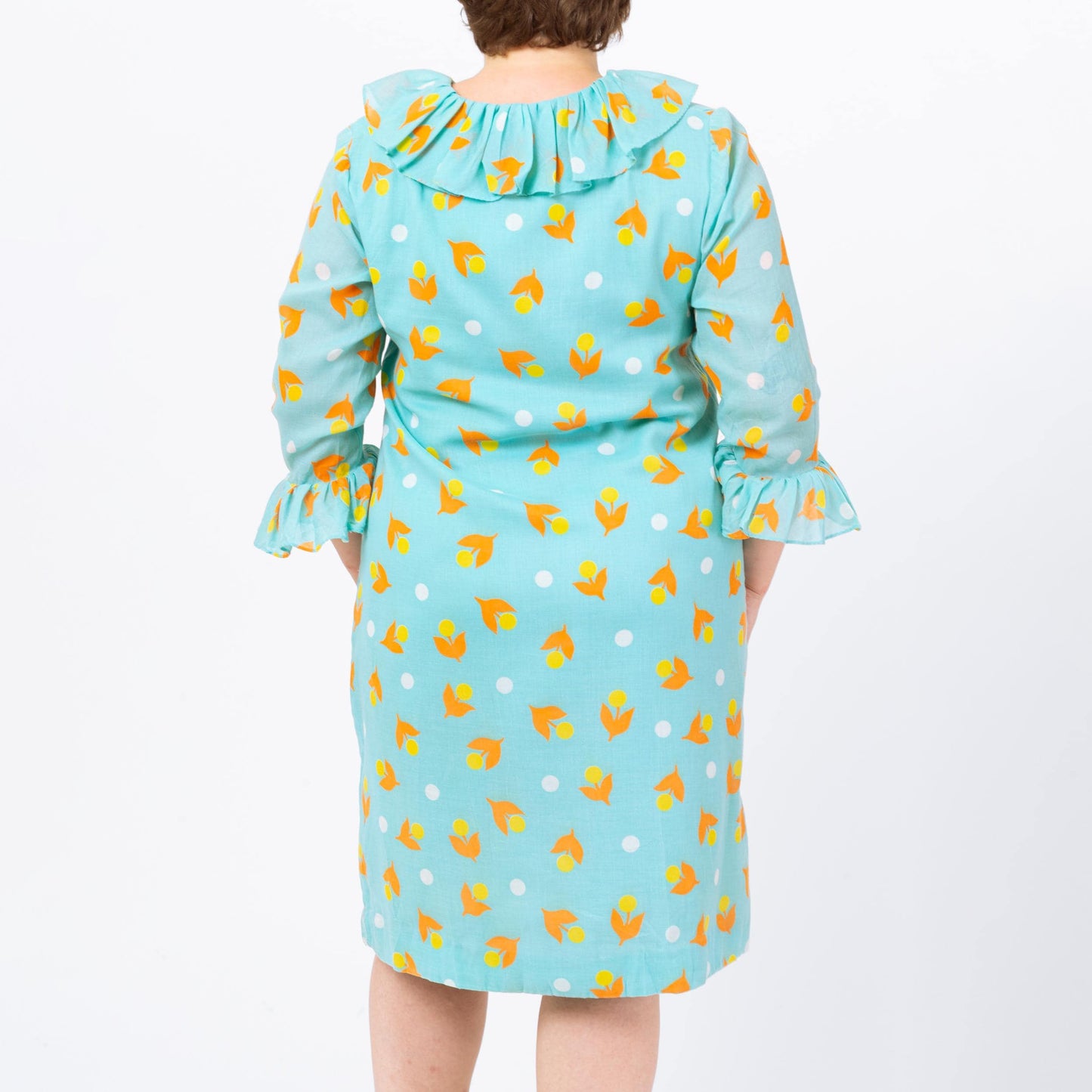 Vintage 60s Aqua Blue Floral Polka Dot Print House Dress - Extra Large | 1960s Retro 3/4 Sleeve Ruffle Collar A Line Midi Shift Dress