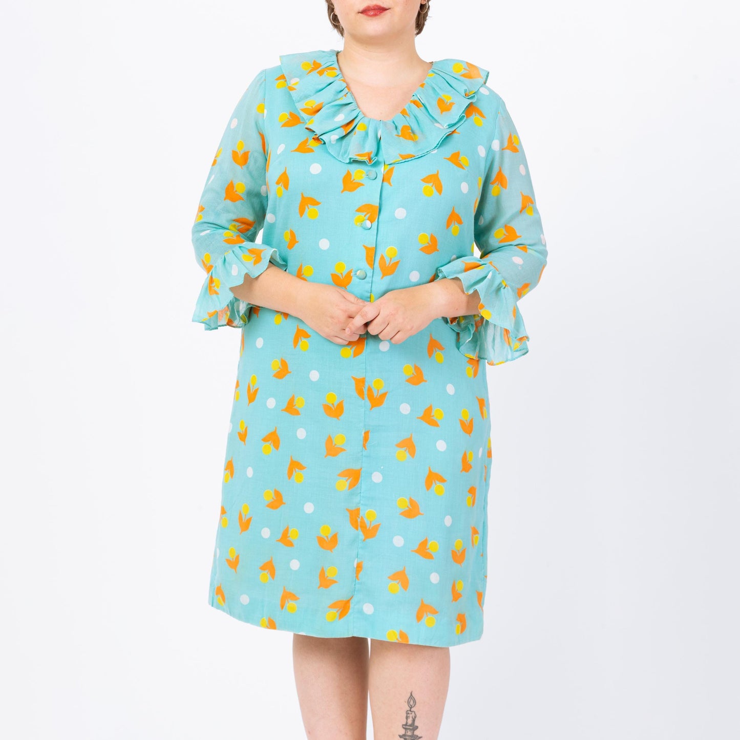 Vintage 60s Aqua Blue Floral Polka Dot Print House Dress - Extra Large | 1960s Retro 3/4 Sleeve Ruffle Collar A Line Midi Shift Dress