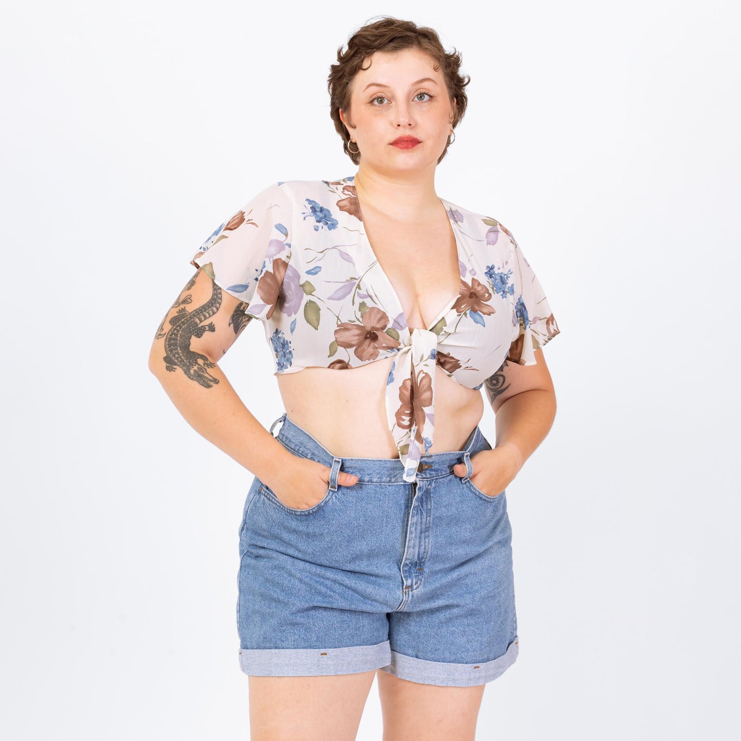 Vintage 90s Sheer White Floral Tie Front Crop Top - Large | Flutter Sleeve Cropped Blouse, Deep V Neck Shirt