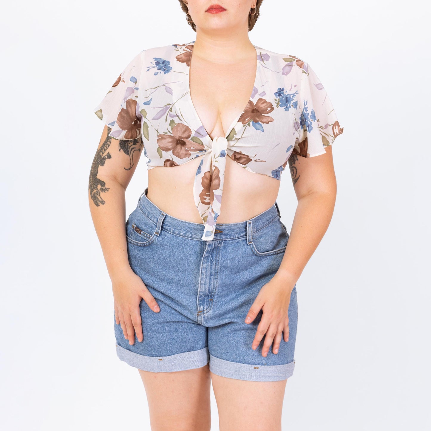 Vintage 90s Sheer White Floral Tie Front Crop Top - Large | Flutter Sleeve Cropped Blouse, Deep V Neck Shirt