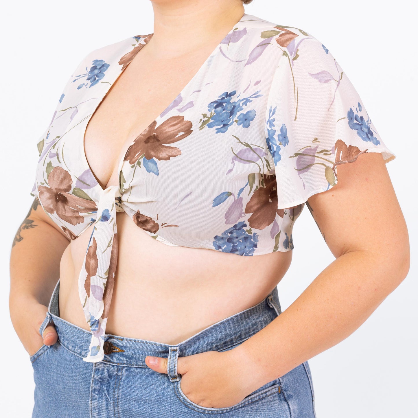 Vintage 90s Sheer White Floral Tie Front Crop Top - Large | Flutter Sleeve Cropped Blouse, Deep V Neck Shirt