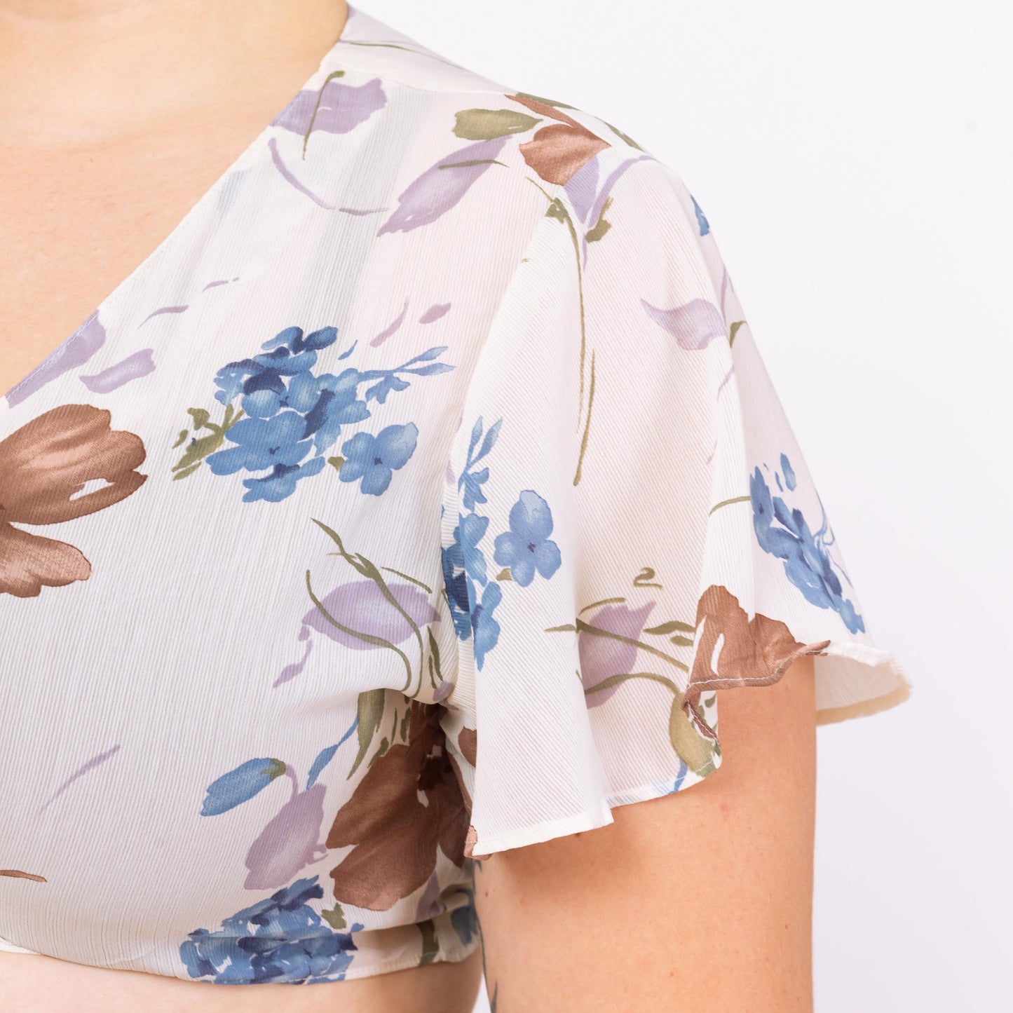 Vintage 90s Sheer White Floral Tie Front Crop Top - Large | Flutter Sleeve Cropped Blouse, Deep V Neck Shirt