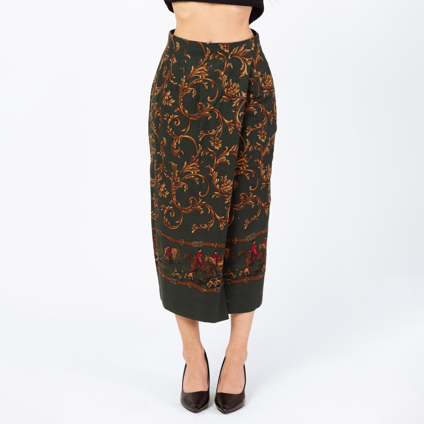 Vintage 90s Equestrian Print Midi Skirt - Extra Small, 24" Waist | Forest Green Baroque Fox Hunt High Waisted Faux Wrap Skirt