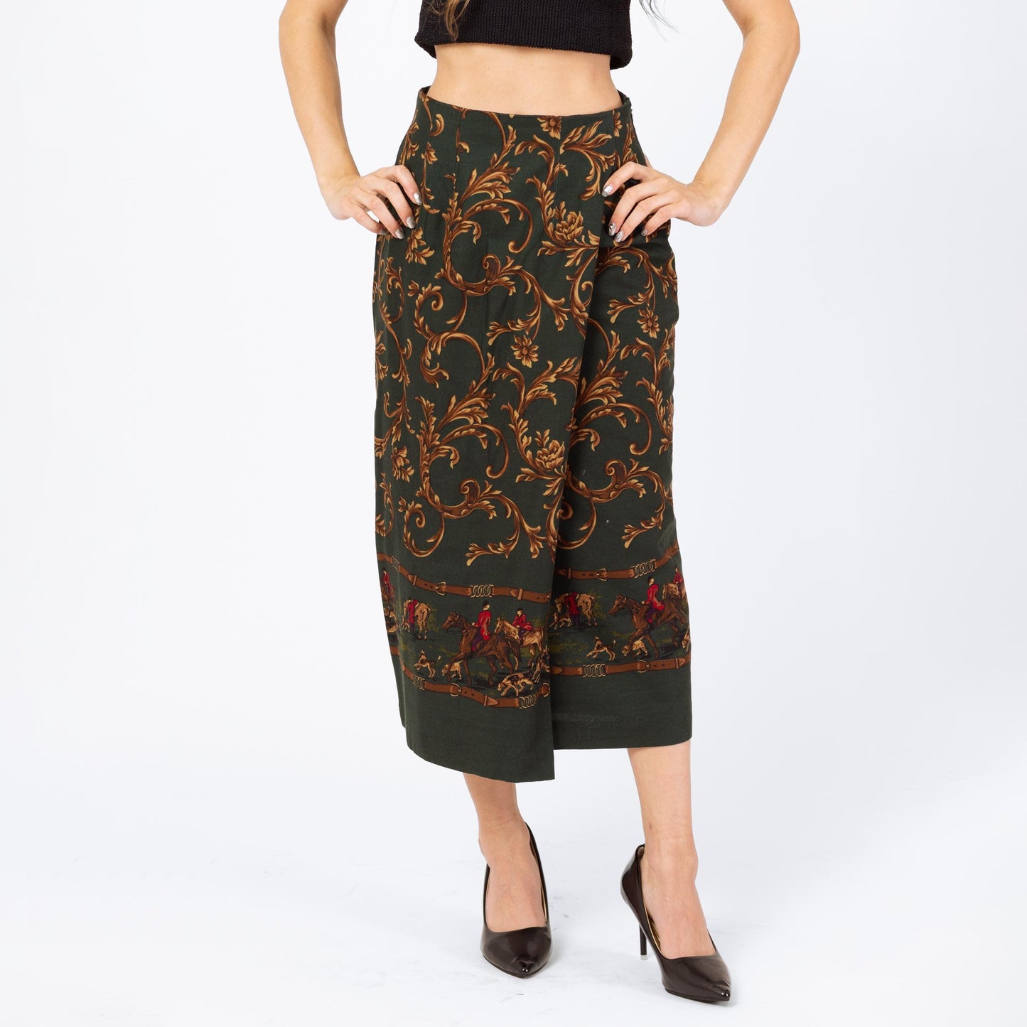 Vintage 90s Equestrian Print Midi Skirt - Extra Small, 24" Waist | Forest Green Baroque Fox Hunt High Waisted Faux Wrap Skirt