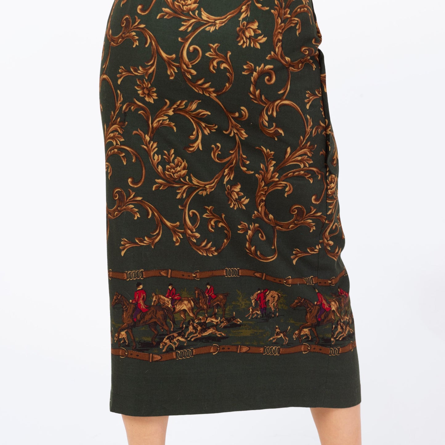 Vintage 90s Equestrian Print Midi Skirt - Extra Small, 24" Waist | Forest Green Baroque Fox Hunt High Waisted Faux Wrap Skirt