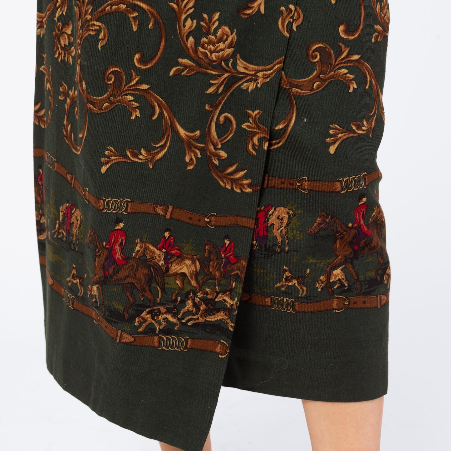 Vintage 90s Equestrian Print Midi Skirt - Extra Small, 24" Waist | Forest Green Baroque Fox Hunt High Waisted Faux Wrap Skirt