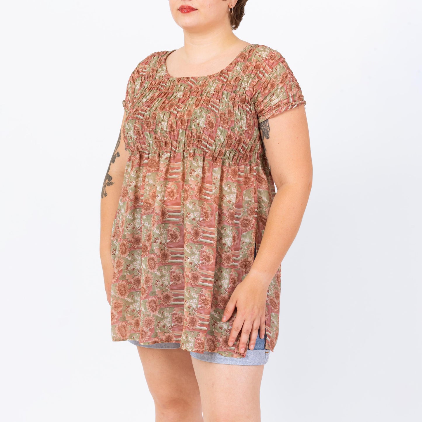 Vintage 90s Floral Shirred Bodice Babydoll Top - Large | Micro Mini Dress Layering Piece, Boho Short Sleeve Blouse