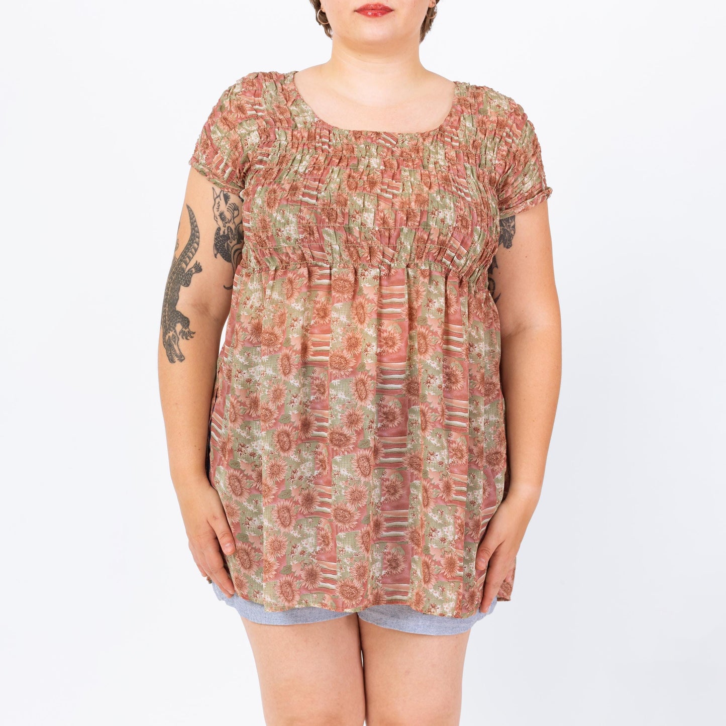 Vintage 90s Floral Shirred Bodice Babydoll Top - Large | Micro Mini Dress Layering Piece, Boho Short Sleeve Blouse