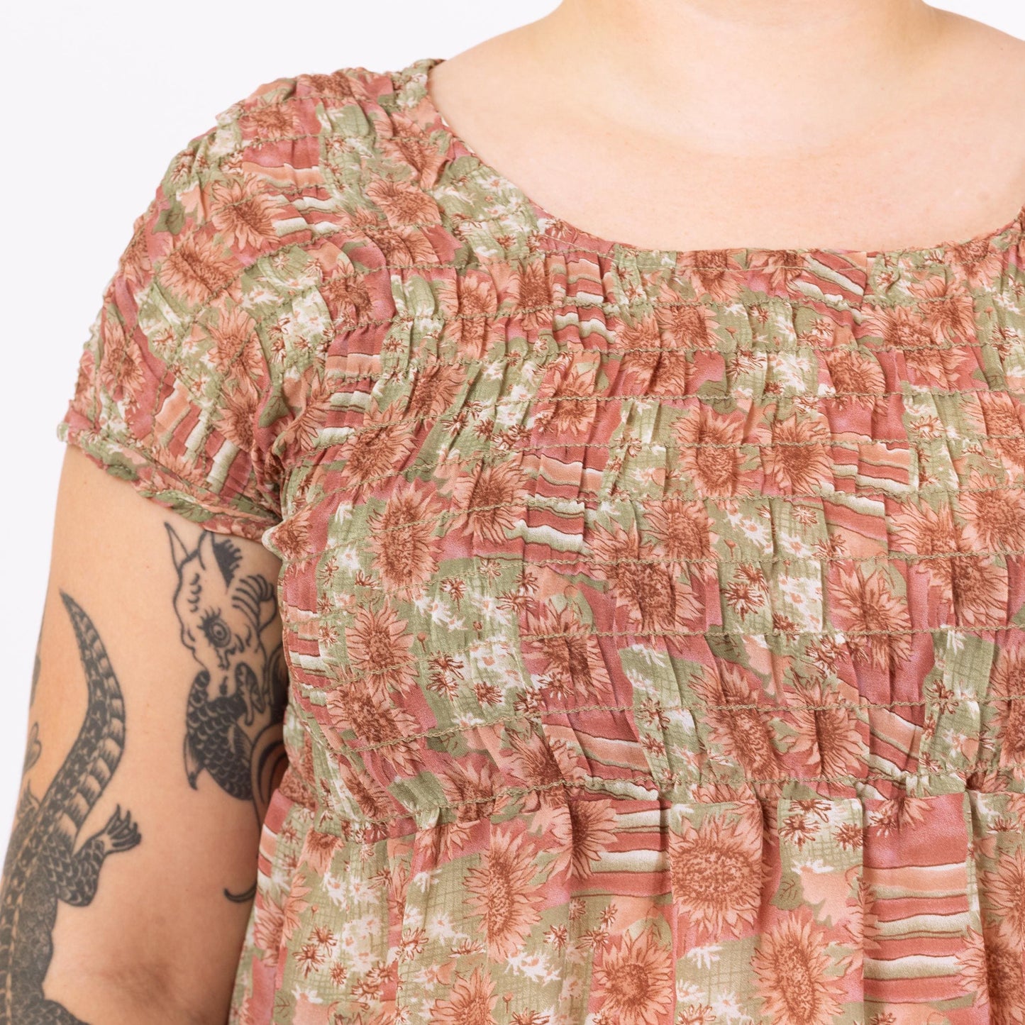 Vintage 90s Floral Shirred Bodice Babydoll Top - Large | Micro Mini Dress Layering Piece, Boho Short Sleeve Blouse