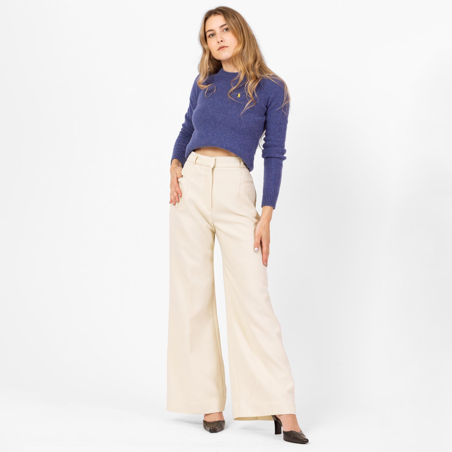 Vintage 70s Cream High Waisted Flared Pants - Extra Small, 24" Waist | Boho Wide Leg Disco Style Retro Festival Bell Bottom Trousers