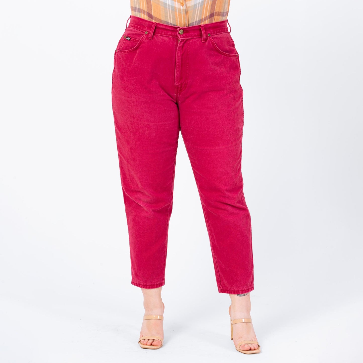 Vintage 80s Hot Pink Flamingo Patch Jeans - Extra Large, 35" Waist | Chic High Waisted Tapered Leg Soft Cotton Denim Mom Jeans